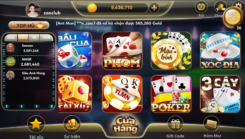Giao diện tối giản - ấn tượng nổ hũ sao club